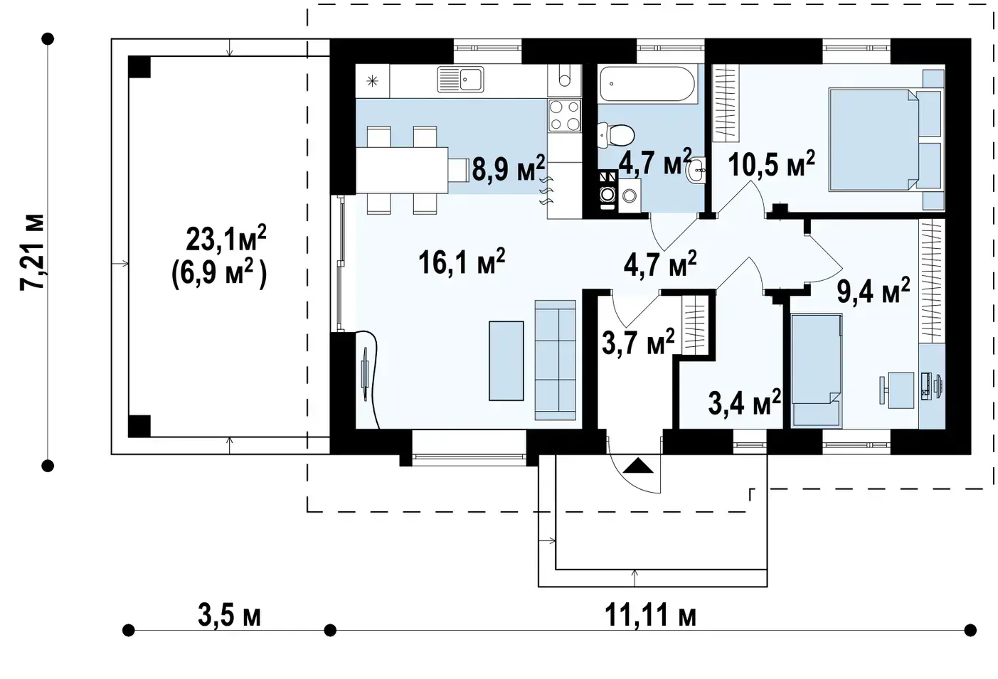 1-ий поверх 61,4 / 68,3 m²