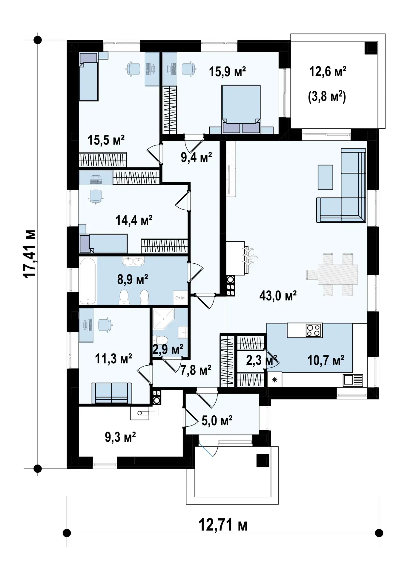 1-ий поверх 156,4 / 160,2 m²