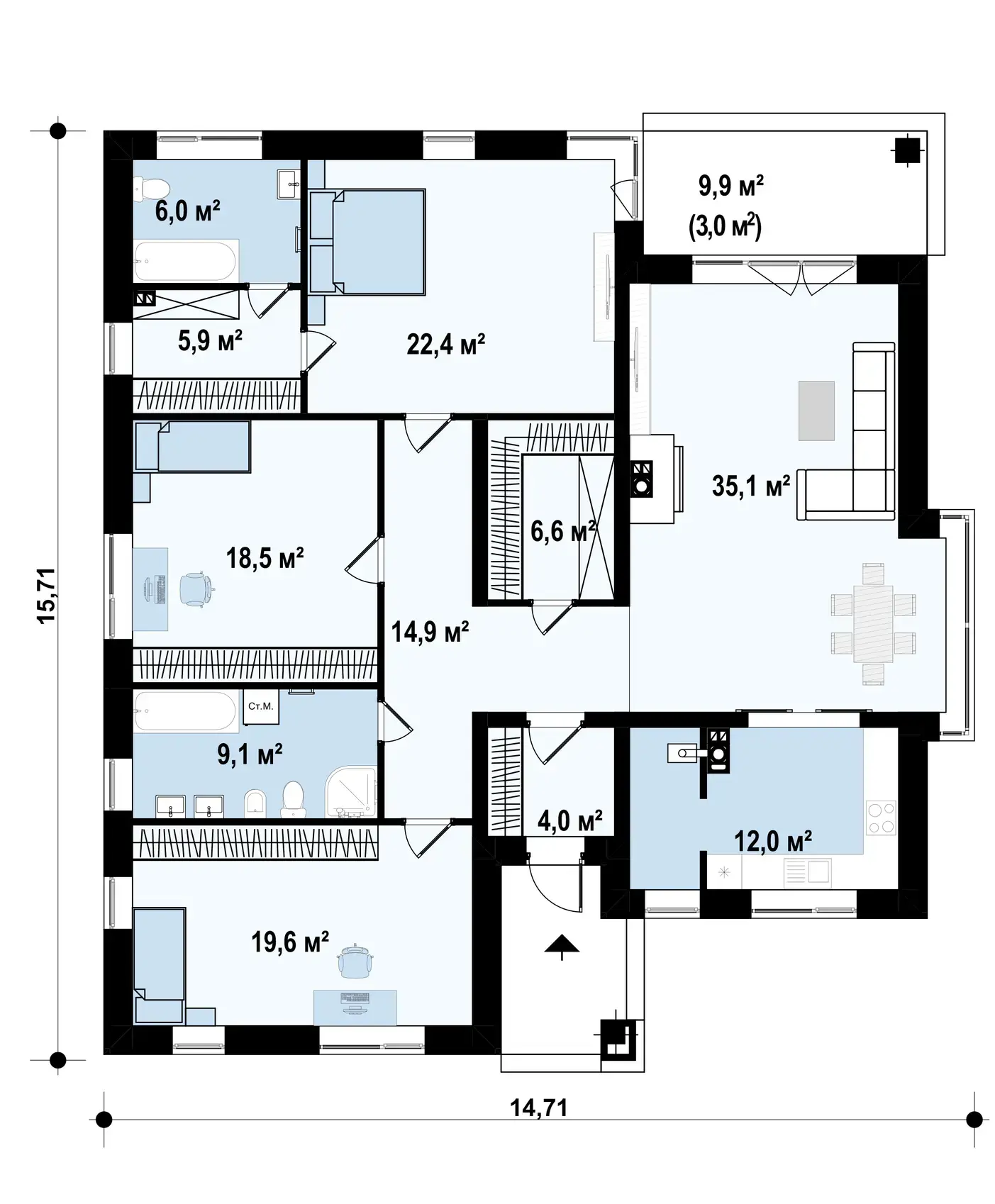 1-ий поверх 154,1 / 157,1 m²