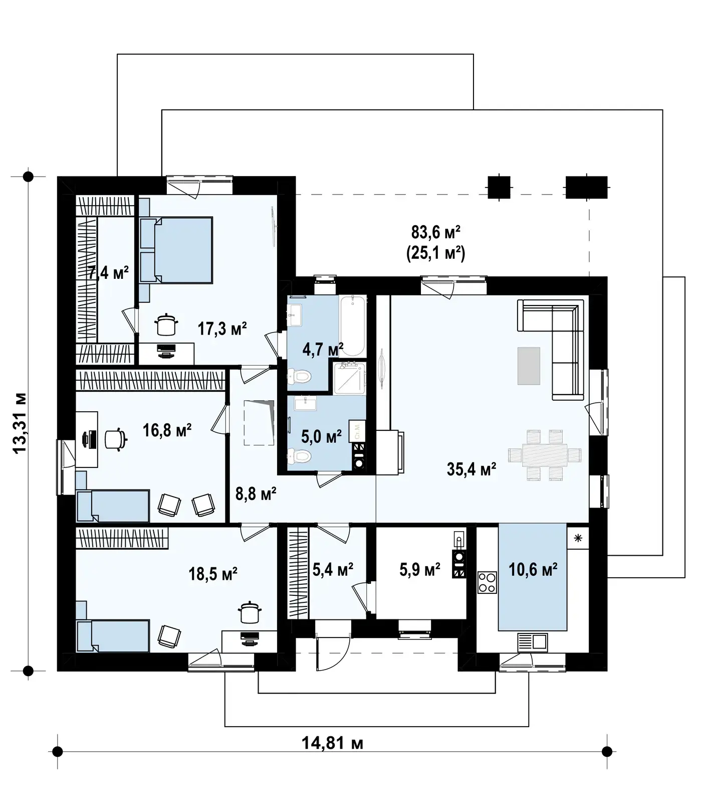 1-ий поверх 135,8 / 160,9 m²