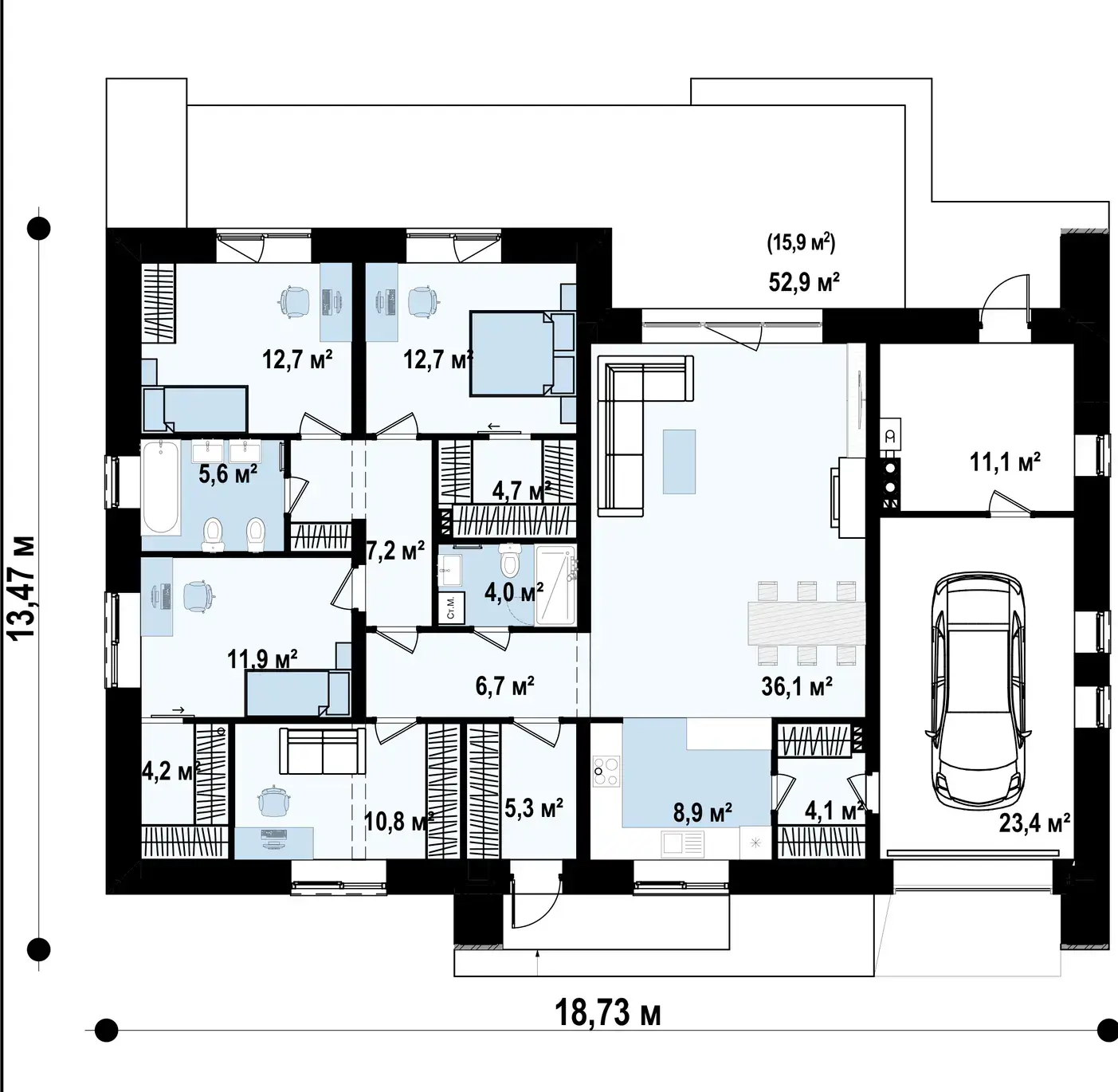 1-ий поверх 169,4 / 185,3 m²