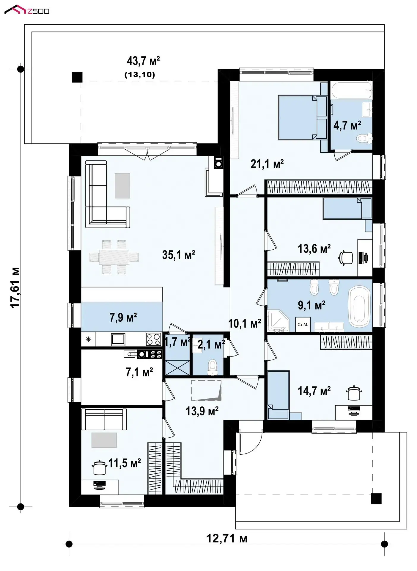 1-ий поверх 152,6 / 165,7 m²