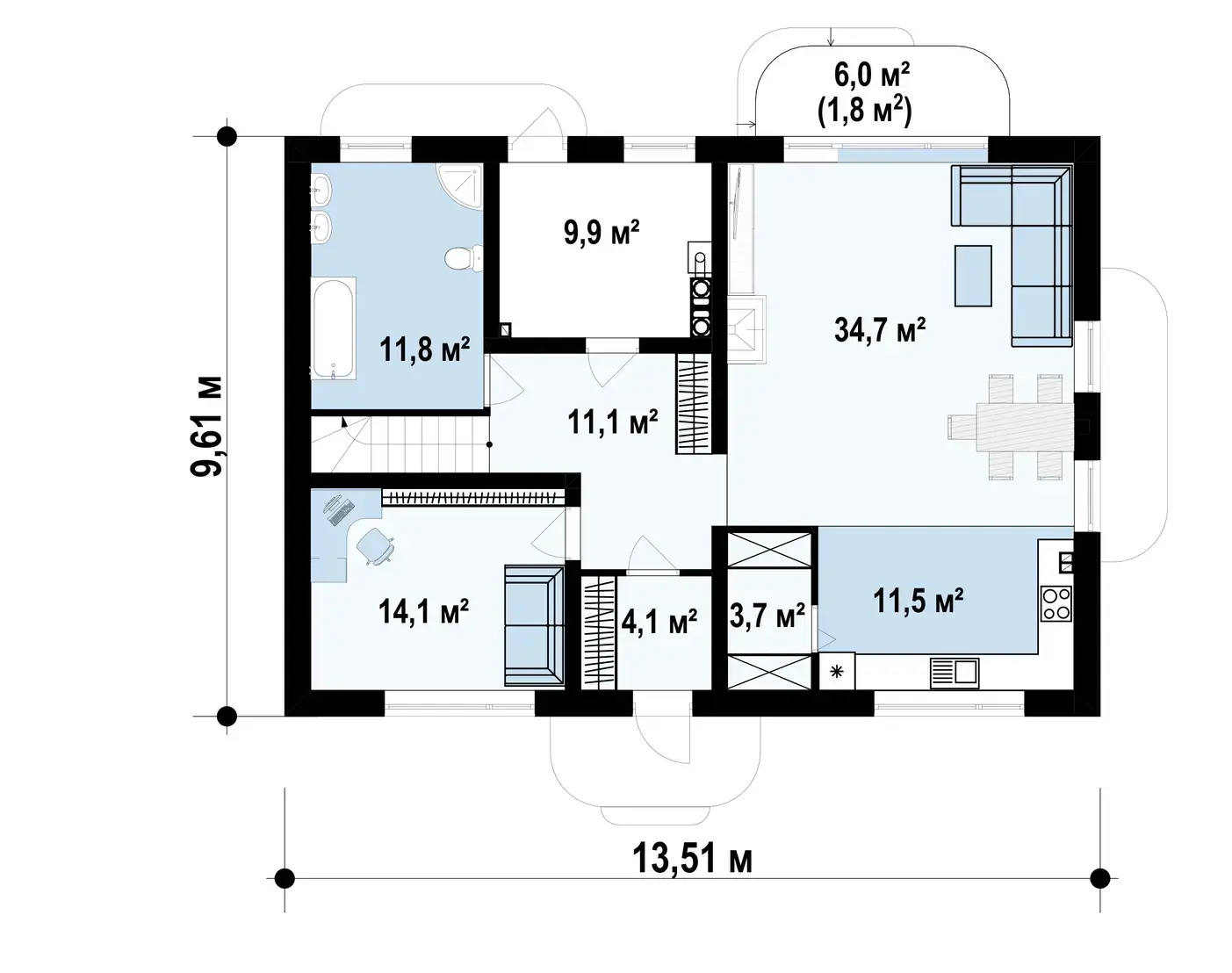 1-ий поверх 100,9 / 102,7 m²