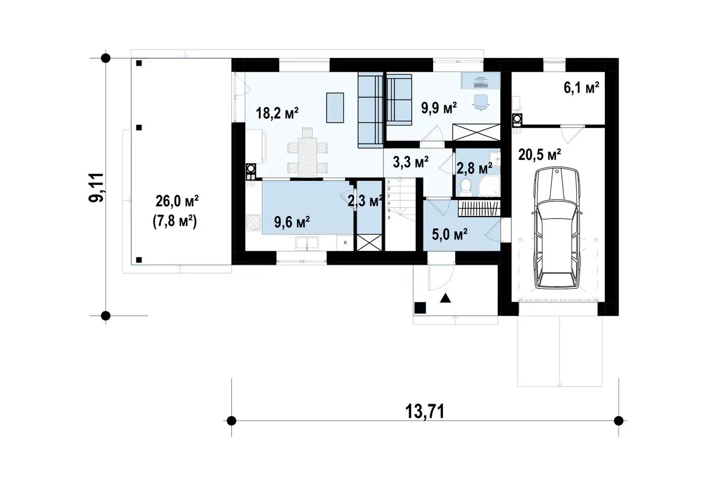 1-ий поверх 77,7 / 85,5 m²